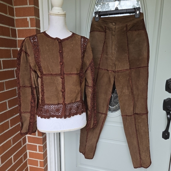 Vintage Pants - Vintage SMH Crochet Leather 2 Piece Jacket & Trouser Set